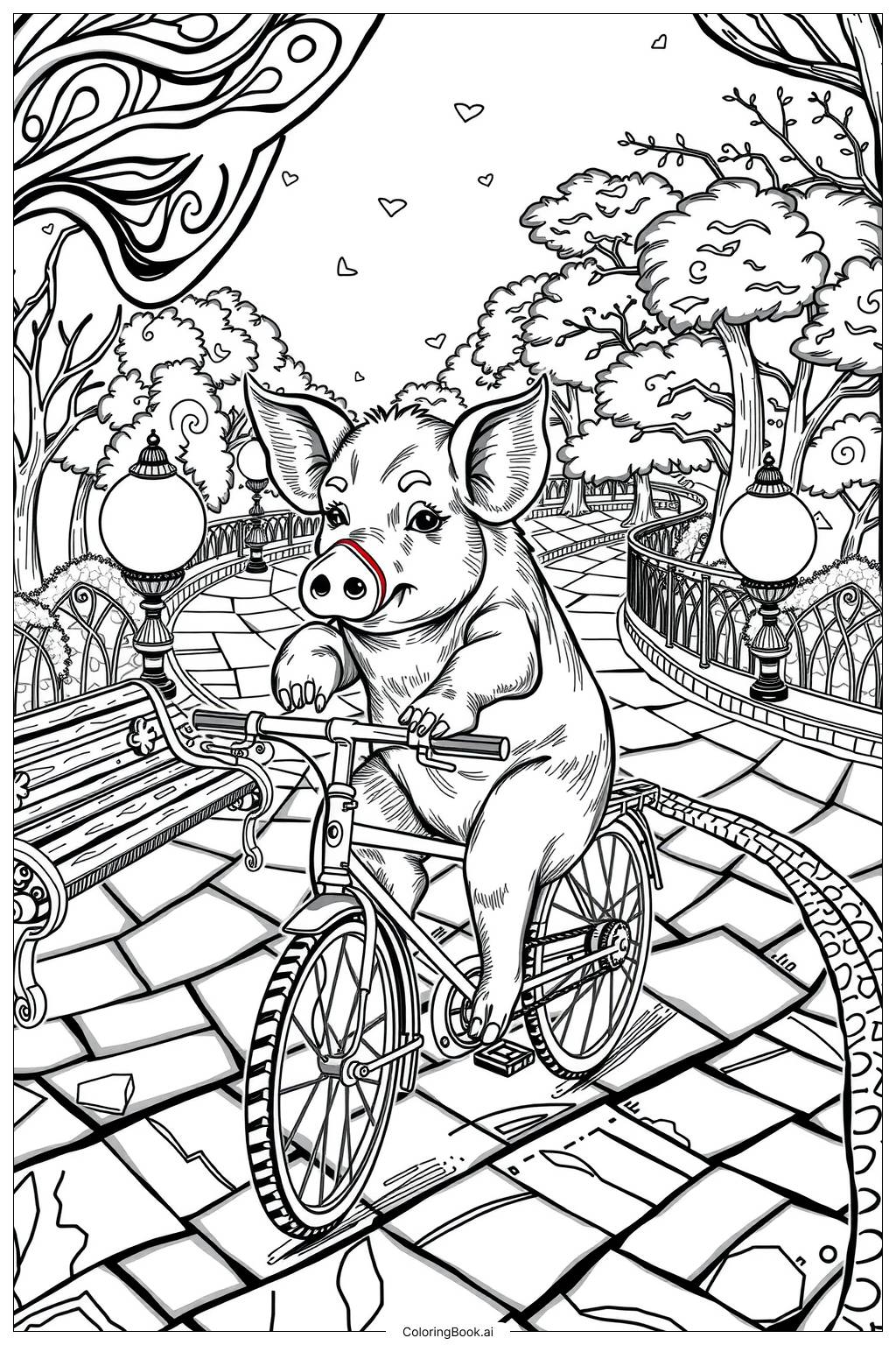  Page de coloriage Cochon faisant du vélo dans le parc 