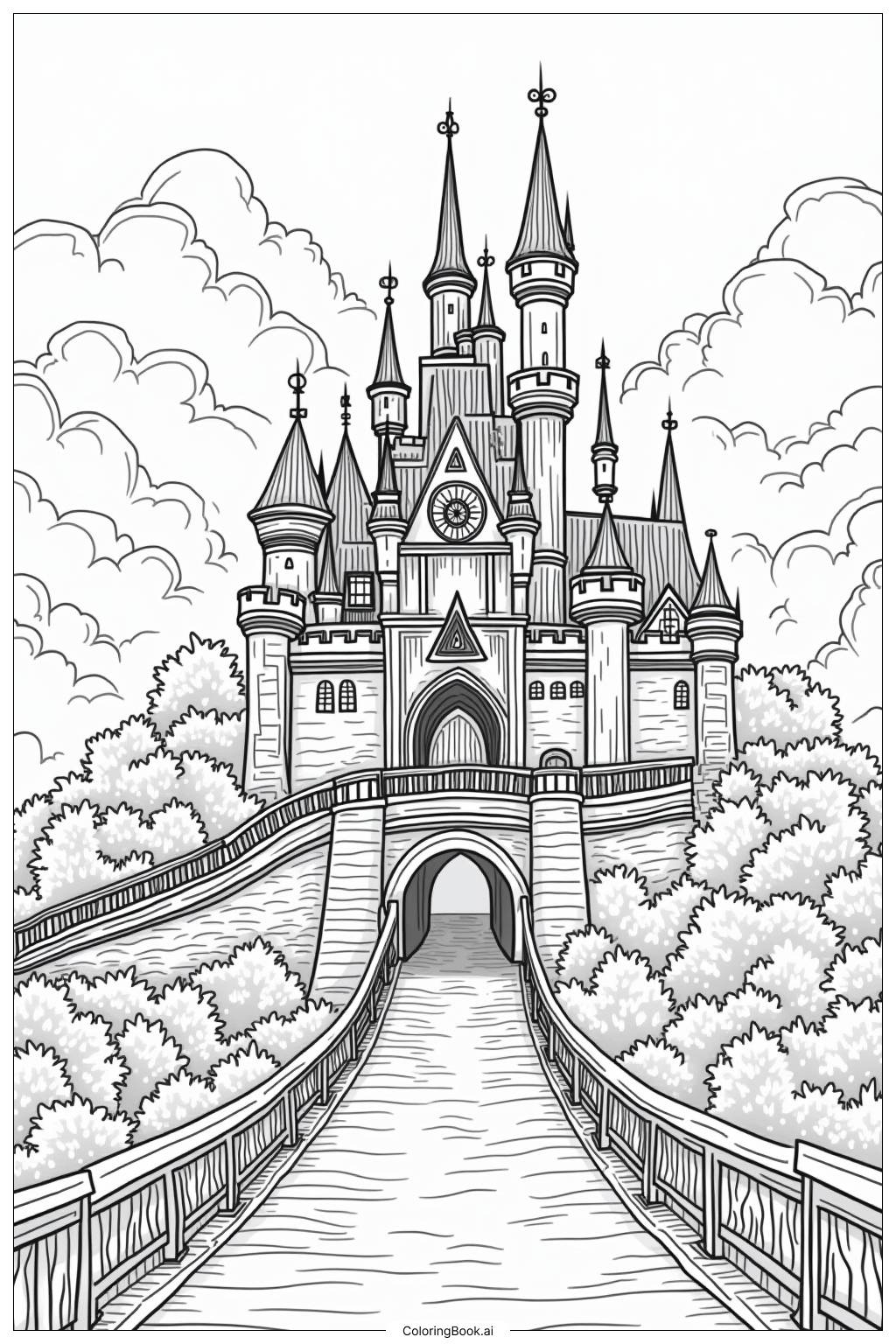  Page de coloriage Château de Licorne Pont Arc-en-ciel 