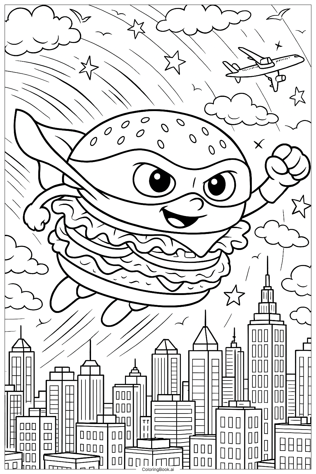  Page de coloriage Un hamburger super-héros volant au-dessus d'une ville 