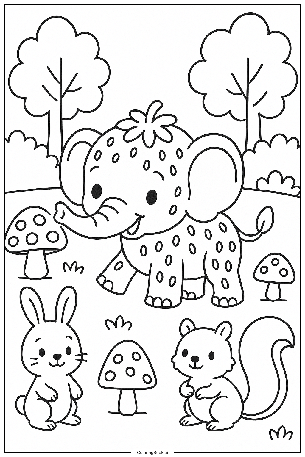  草莓大象和森林里的朋友们填色页 