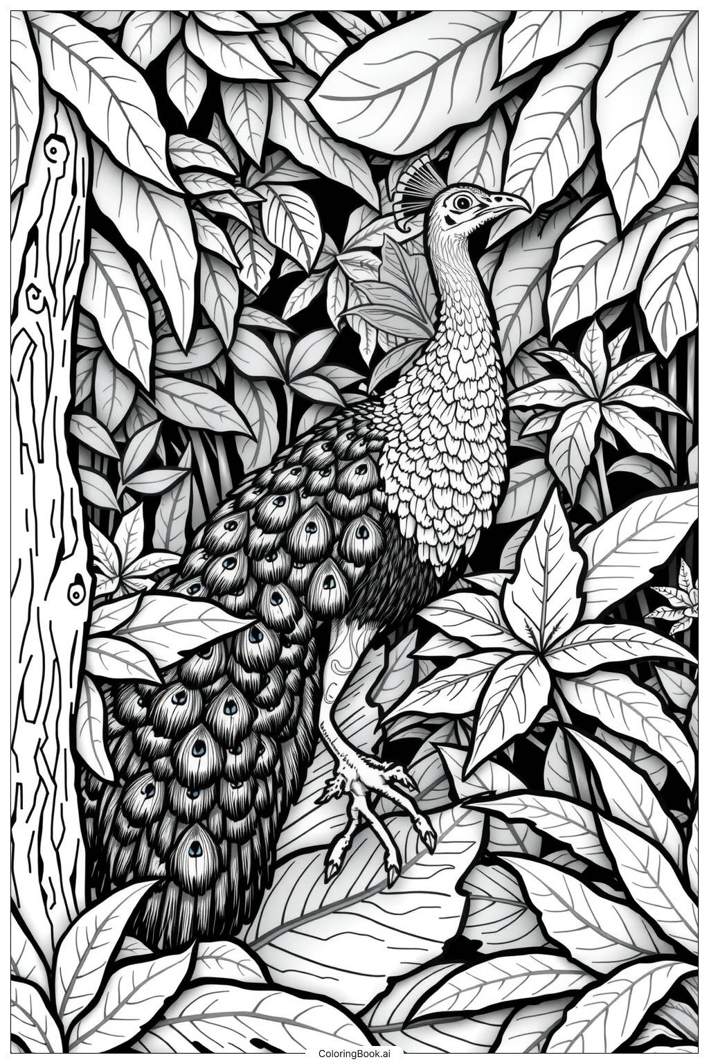  peacock walking through jungle Coloring Page 