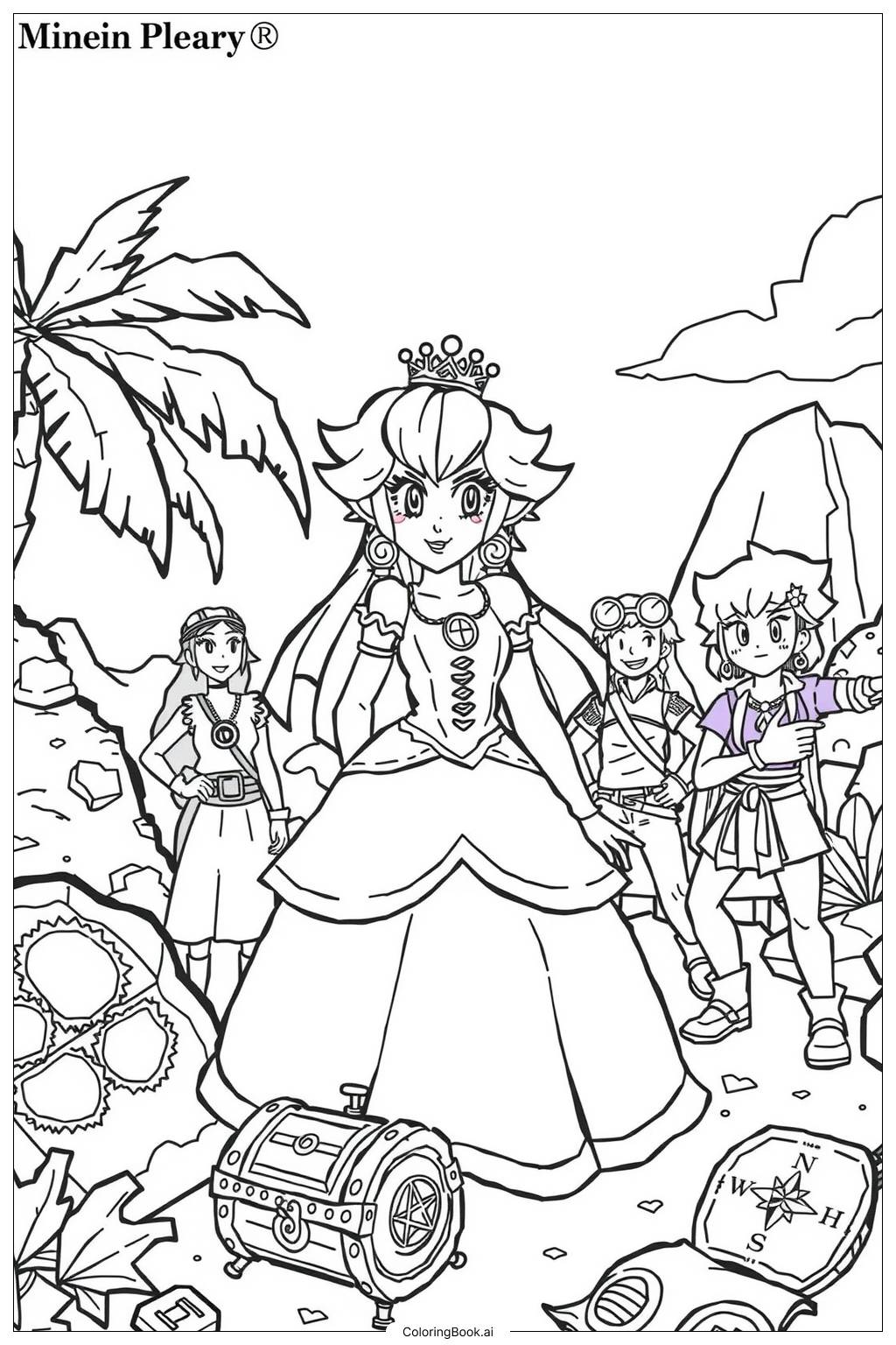  Page de coloriage La princesse Peach à la chasse au trésor avec des amis-2 