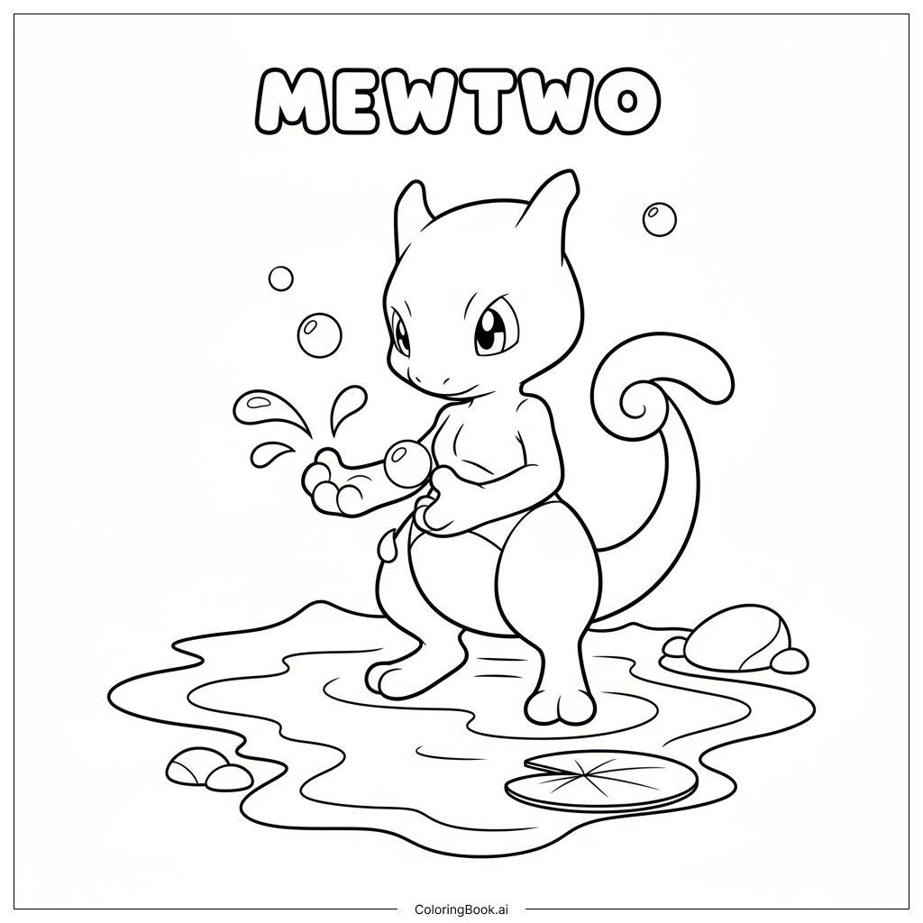 Mewtwo mignon jouant avec de l'eau et des bulles