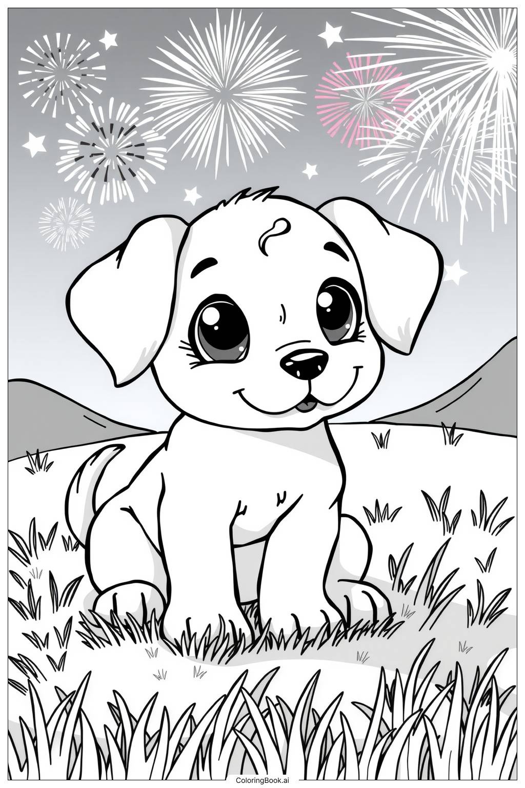  Page de coloriage Chiot regardant des feux d'artifice 