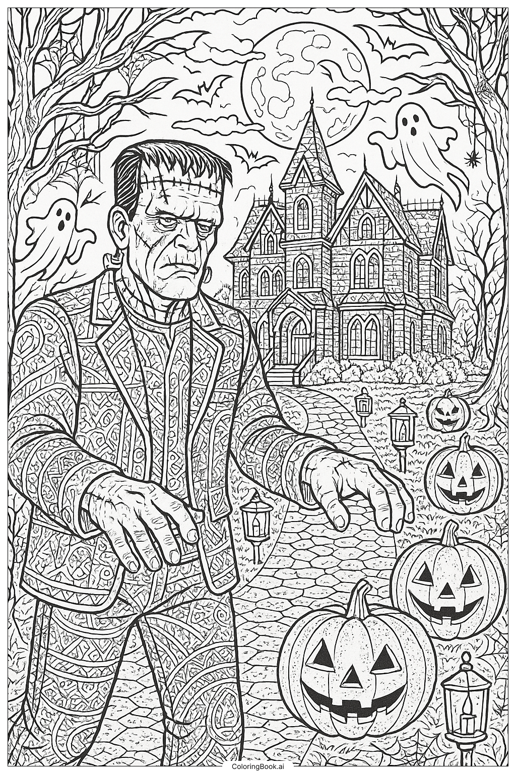  Frankensteins Monster erwacht an Halloween 2025 zum Leben Ausmalseite 