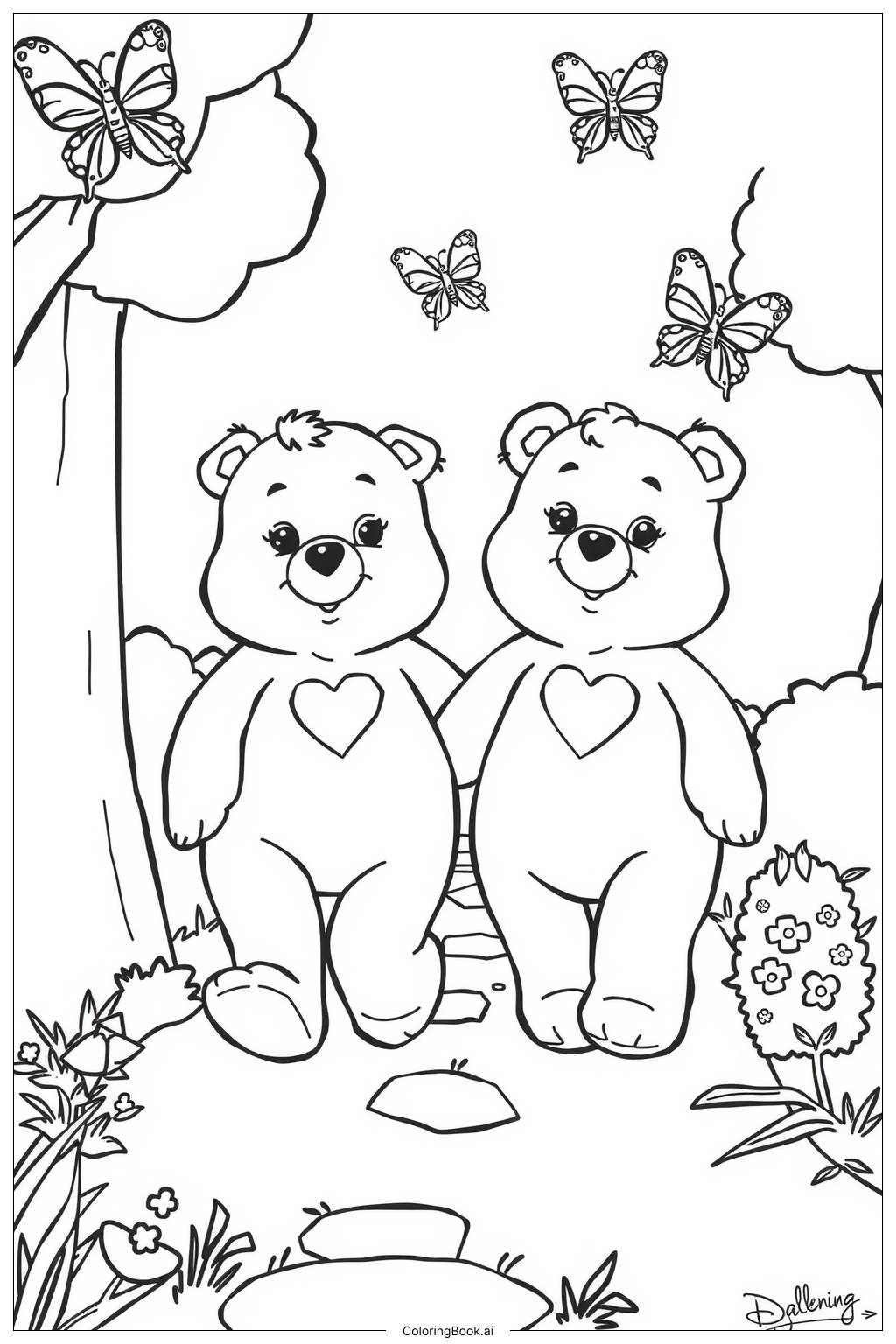  Página para colorear de Primates de los Care Bears Explorando un Bosque 