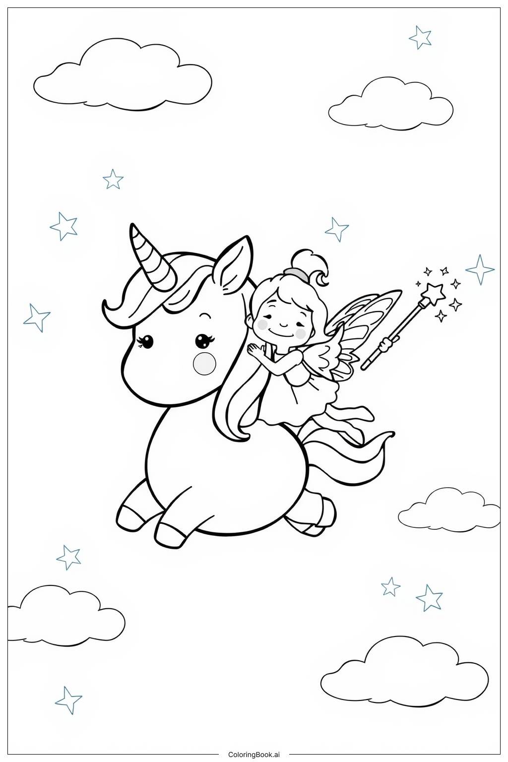  Page de coloriage unicorn et fée volant ensemble 