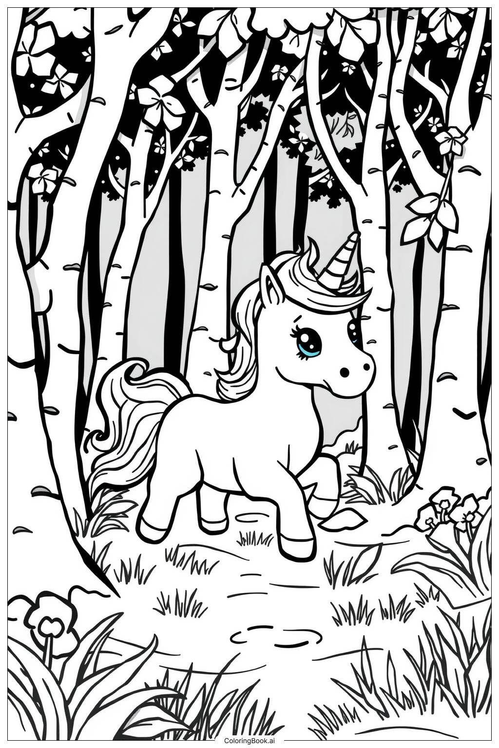  Page de coloriage licorne réaliste courant à travers une forêt brumeuse 