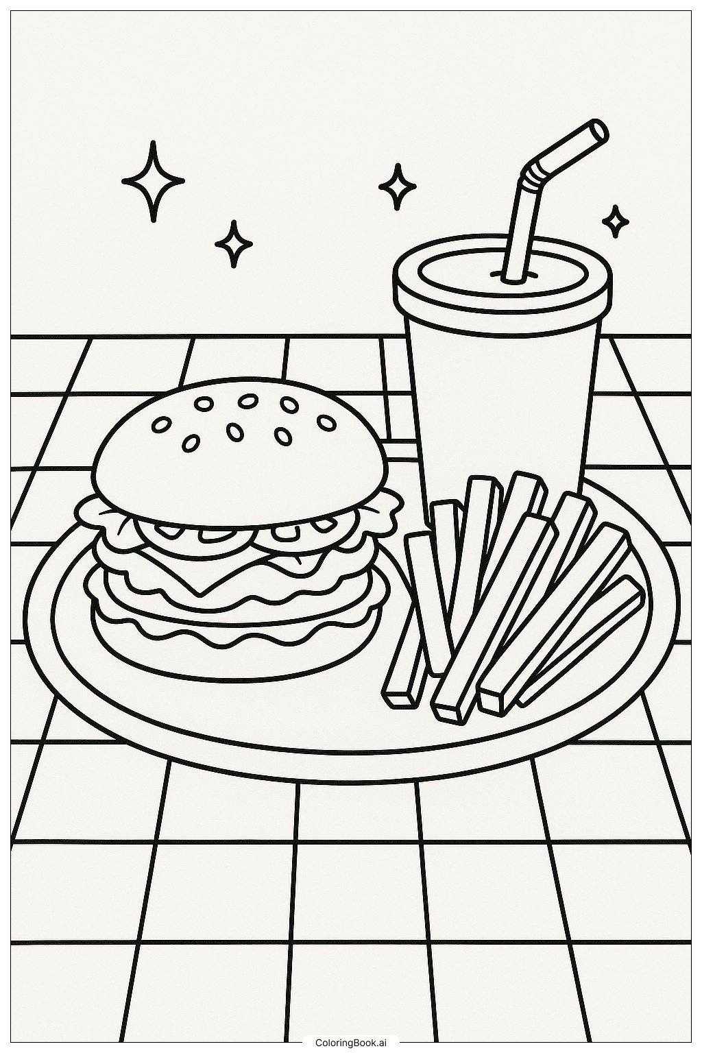  Page de coloriage Un repas de hamburger sur un plateau de diner 