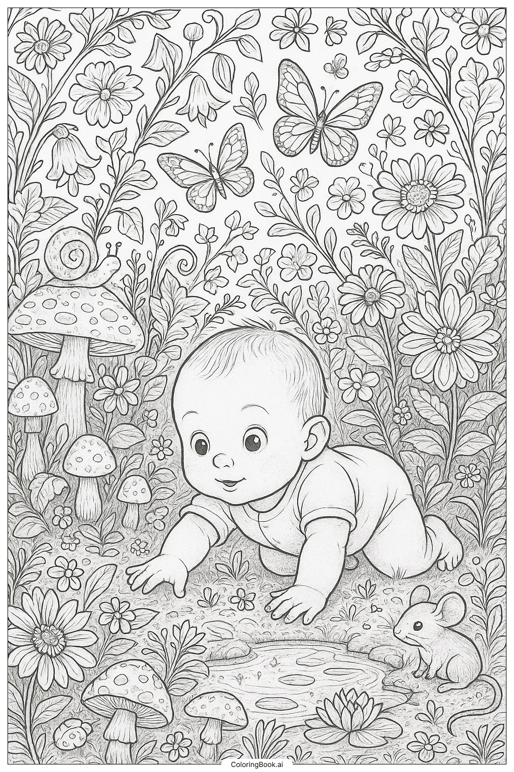  Baby Exploring A Magical Garden Coloring Page 