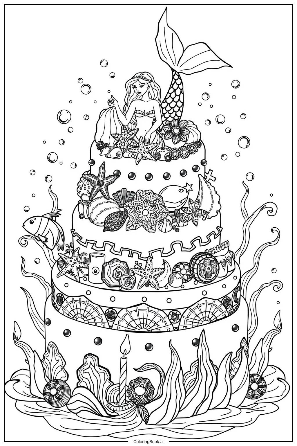  Page de coloriage Gâteau d'anniversaire Sirène 