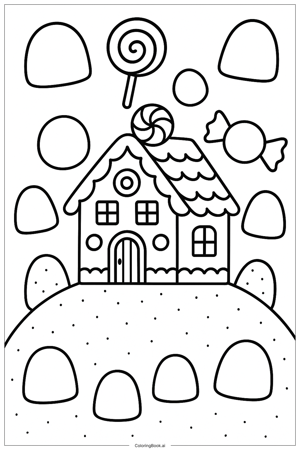 Trang tô màu Ngôi Nhà Bánh Gừng Trên Đồi Kẹo Gumdrop