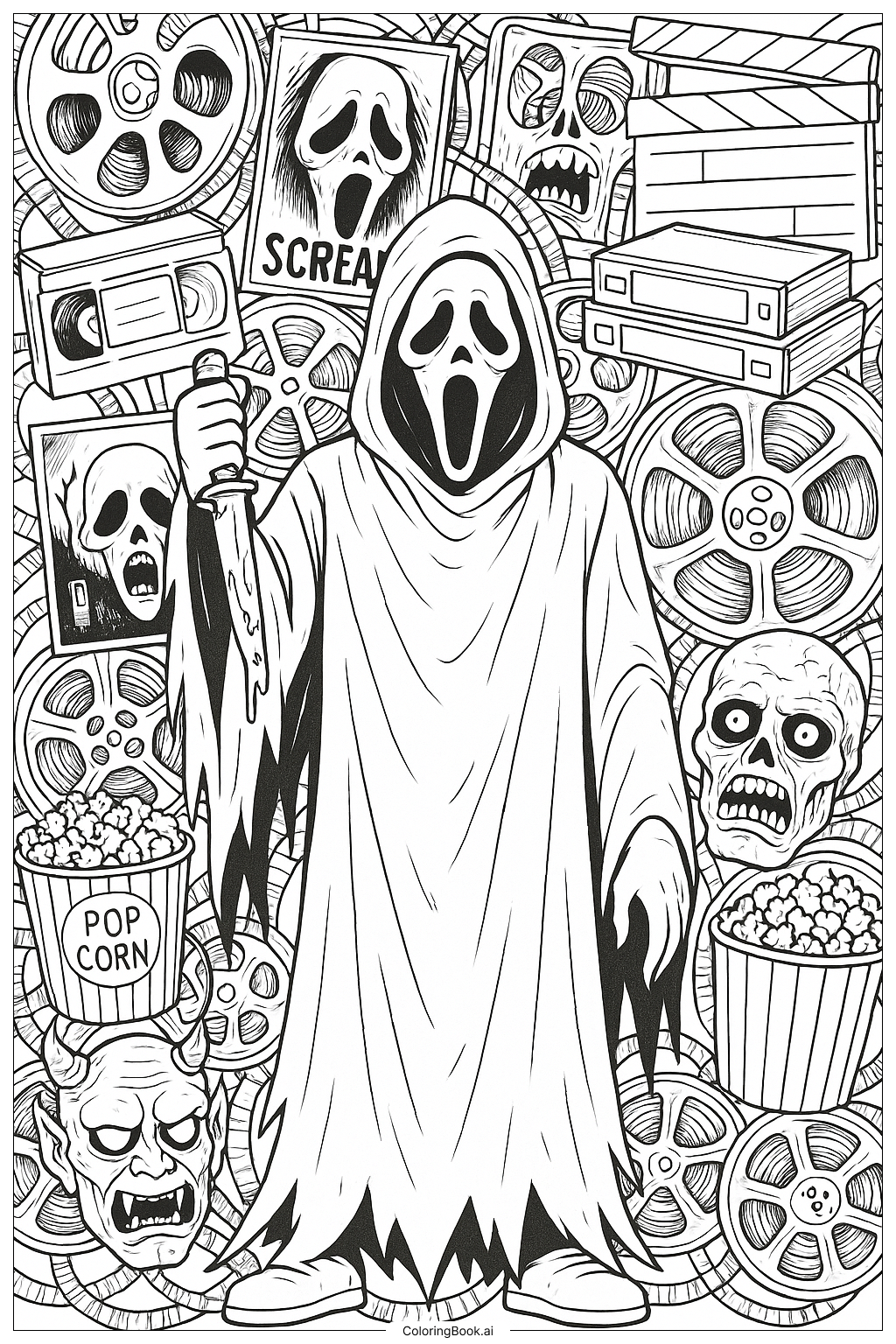  Página para colorear de Ghostface Rodeado de Recuerdos de Películas de Terror 