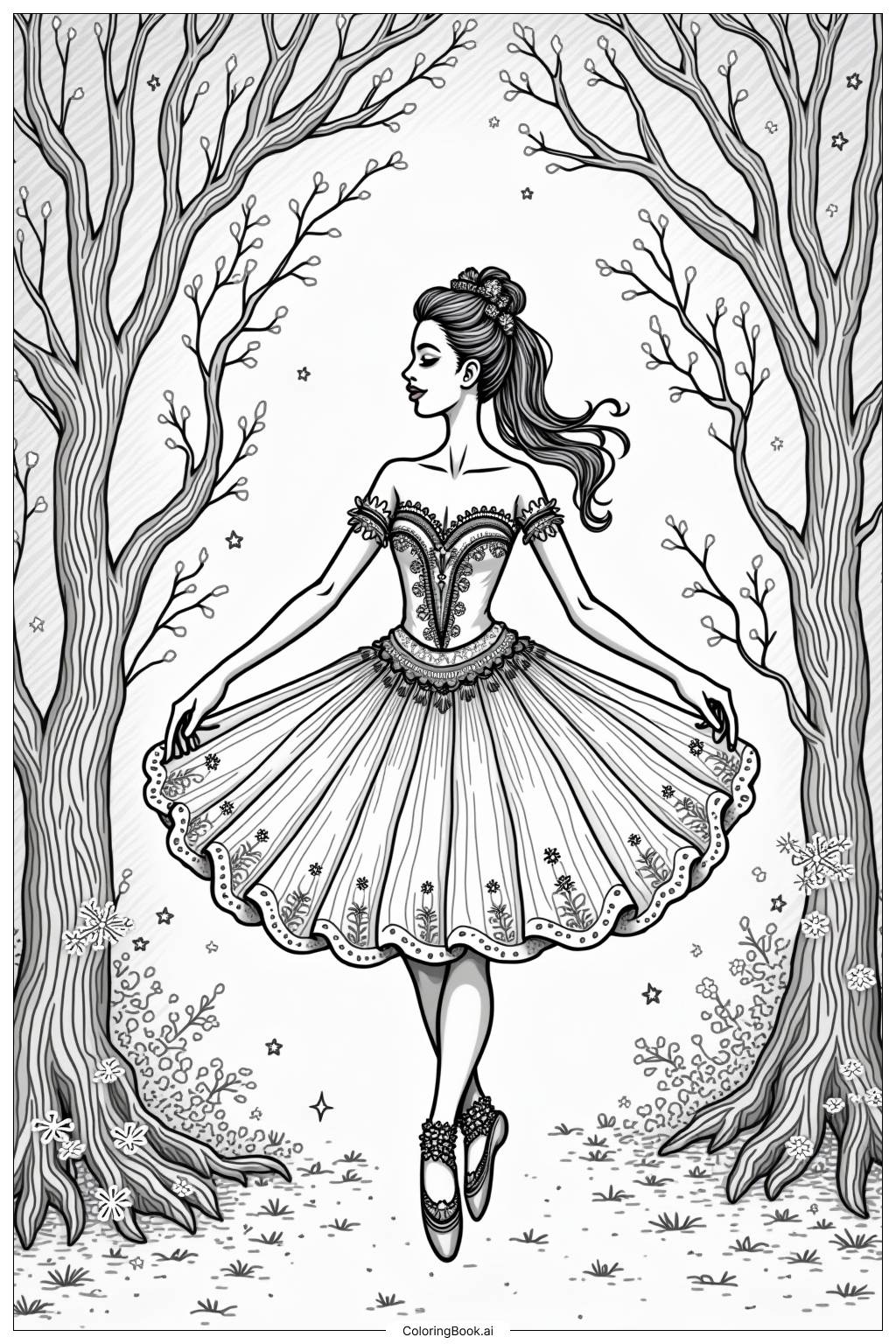  Page de coloriage Ballerine dans un monde merveilleux d'hiver 