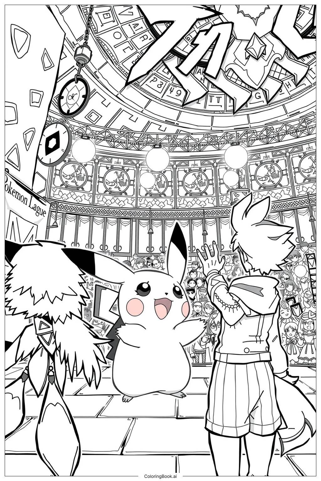  Pikachu and Ash at the Pokémon League Coloring Page 