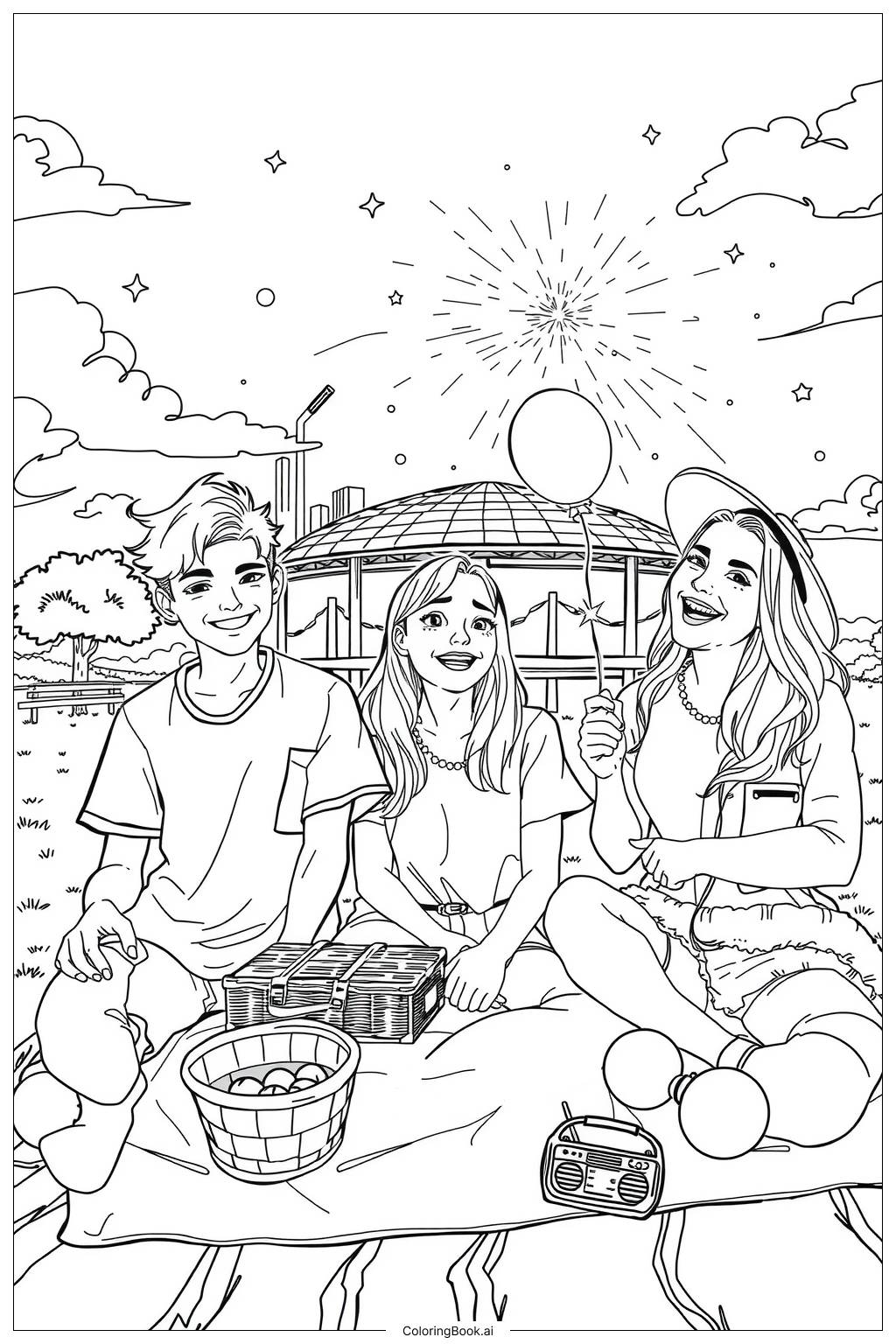  Fireworks and Fun Times with Friends Coloring Page 