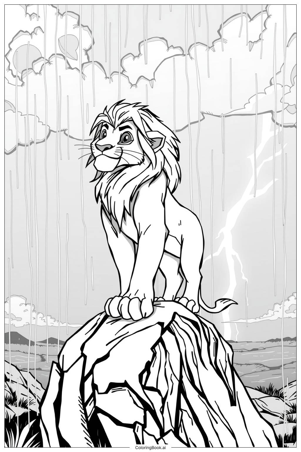  Page de coloriage le roi lion simba debout sur le rocher de la fierté sous la pluie-2 