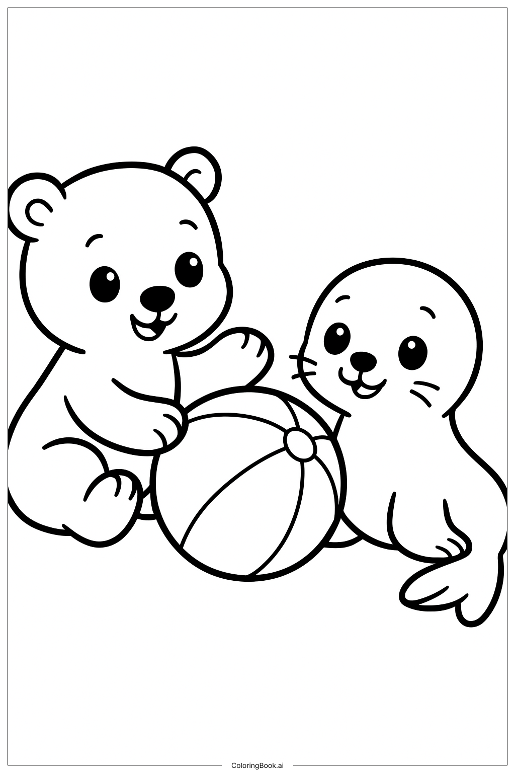  ボールで遊ぶ北極の動物たちの塗り絵ページ 