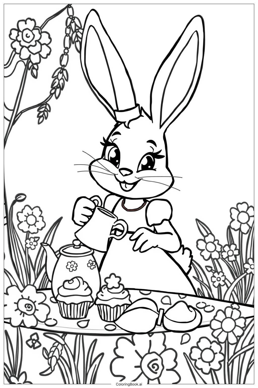  Bunny Tea Party Flowers Coloring Page 