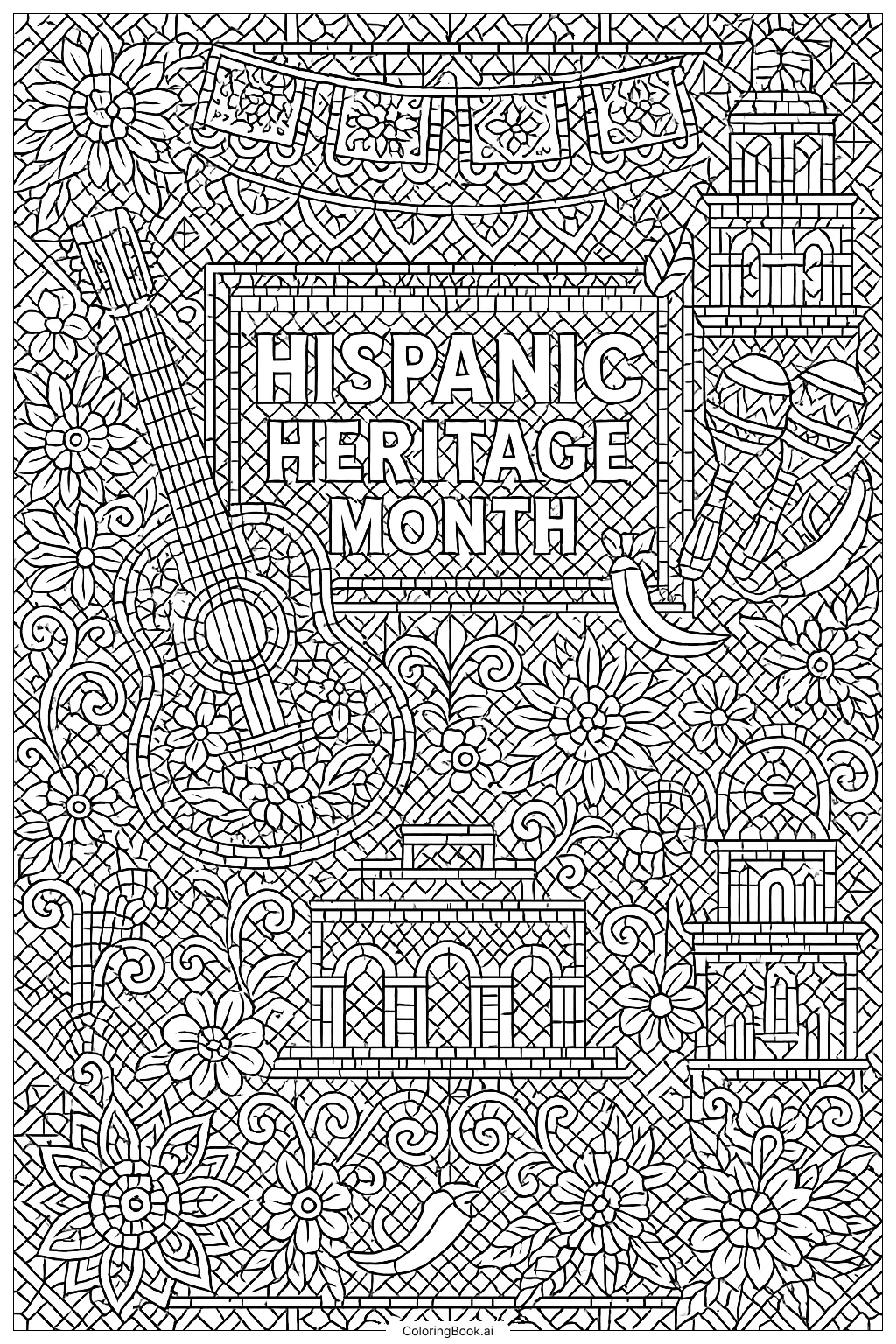  Ausführliches Mosaik zum Hispanic Heritage Month Ausmalseite 