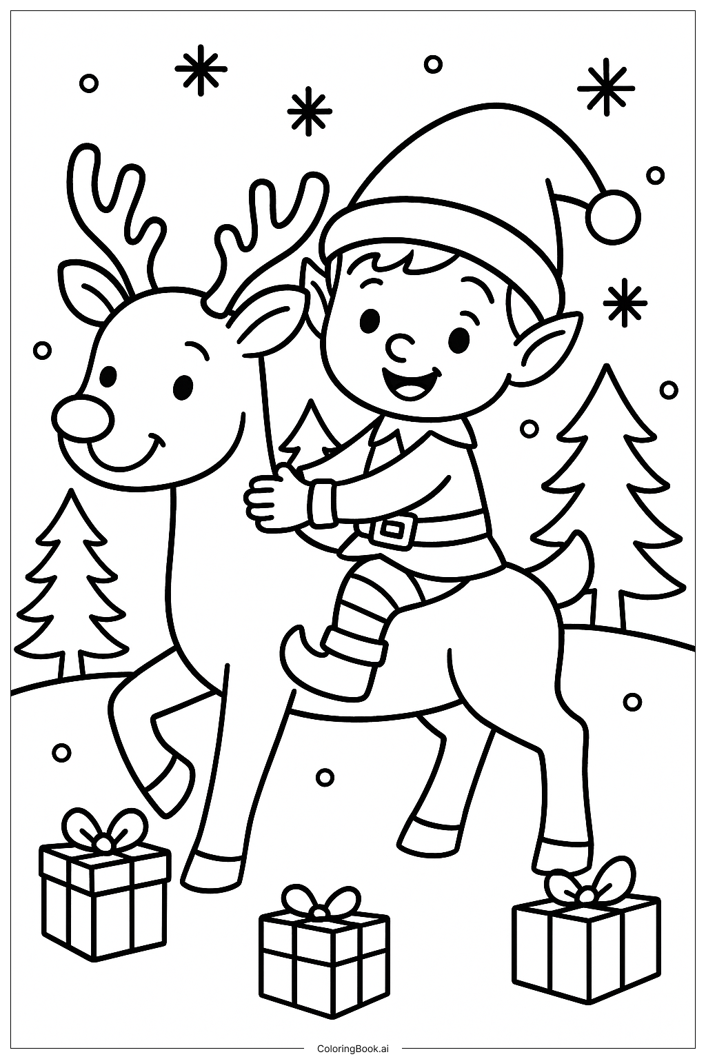  Página para colorir de Um Duende Montando uma Rena 