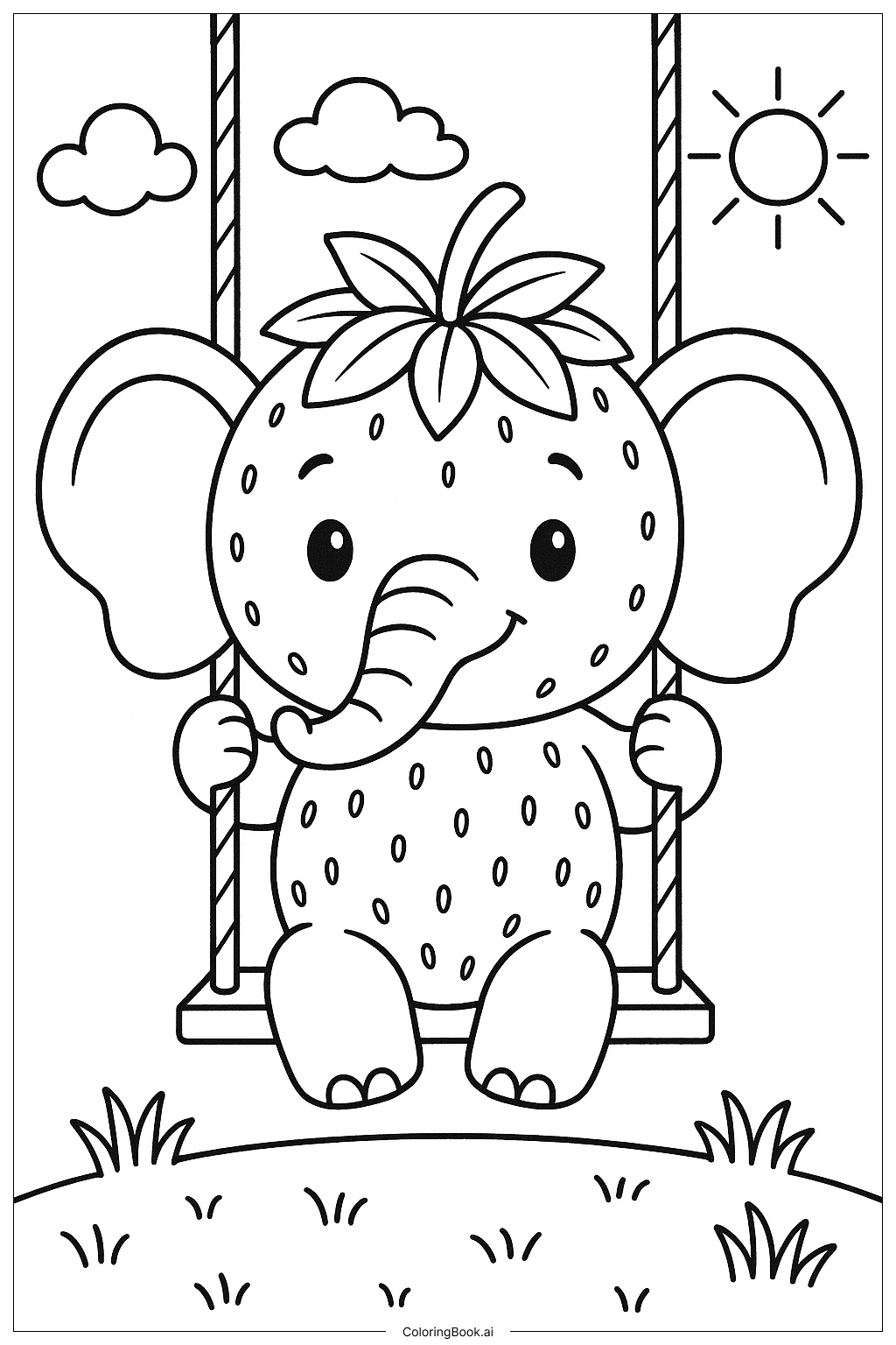  秋千上的草莓大象填色页 