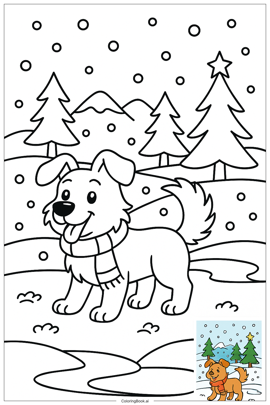 冬の雪の中の犬の塗り絵ページ 