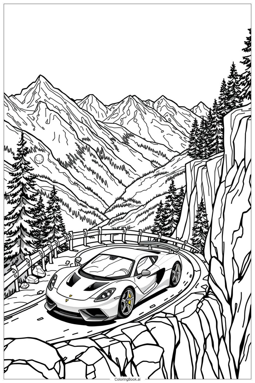  Page de coloriage Voiture de sport sur chemin de montagne-2 