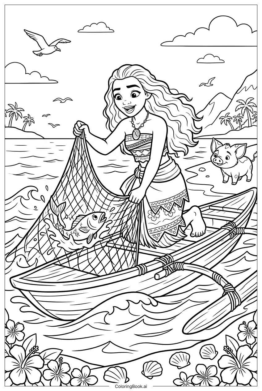  Moana Pulls Fishing Net From Canoe Coloring Page 