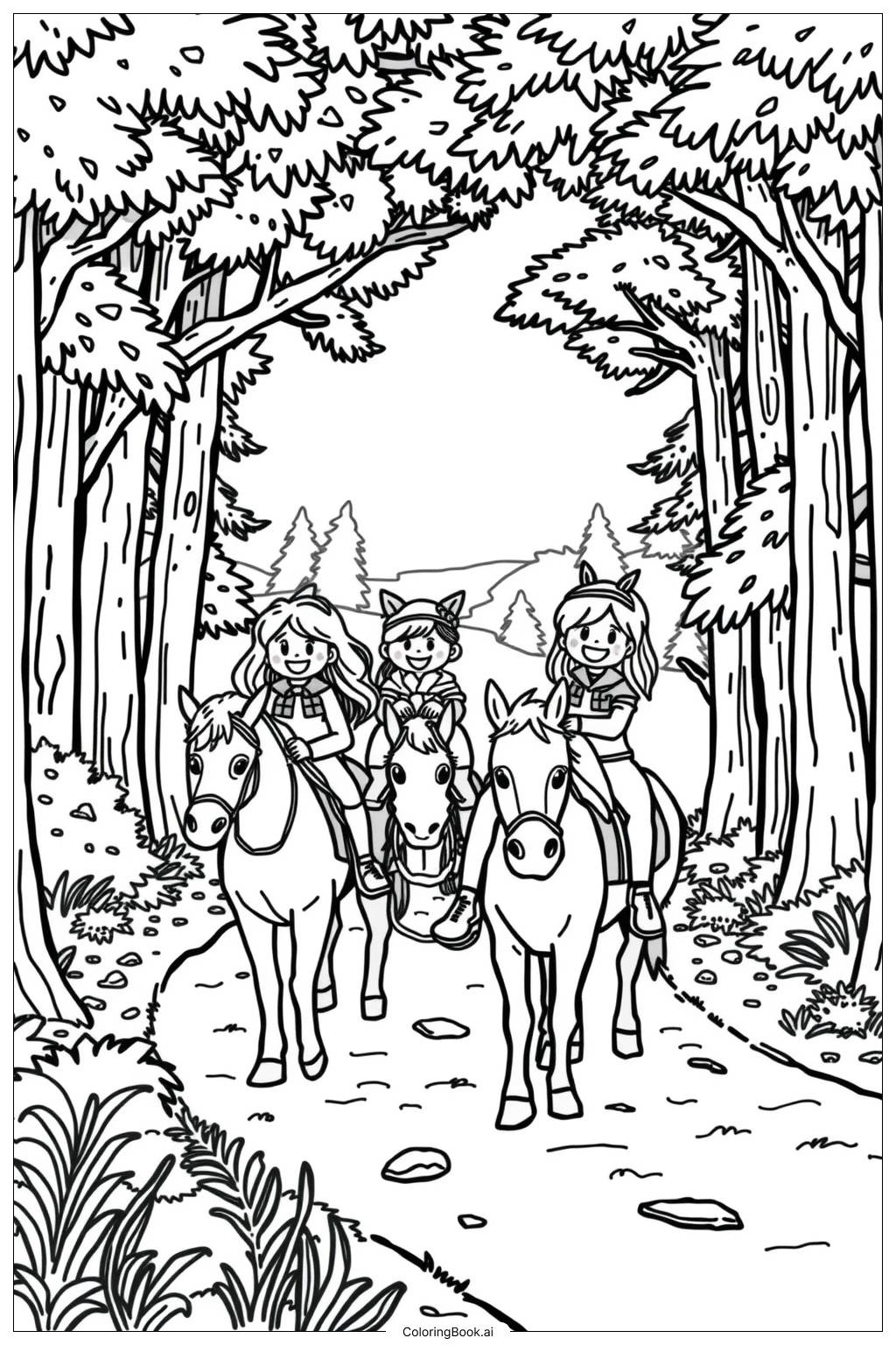  Page de coloriage Famille à Cheval sur un Sentier 