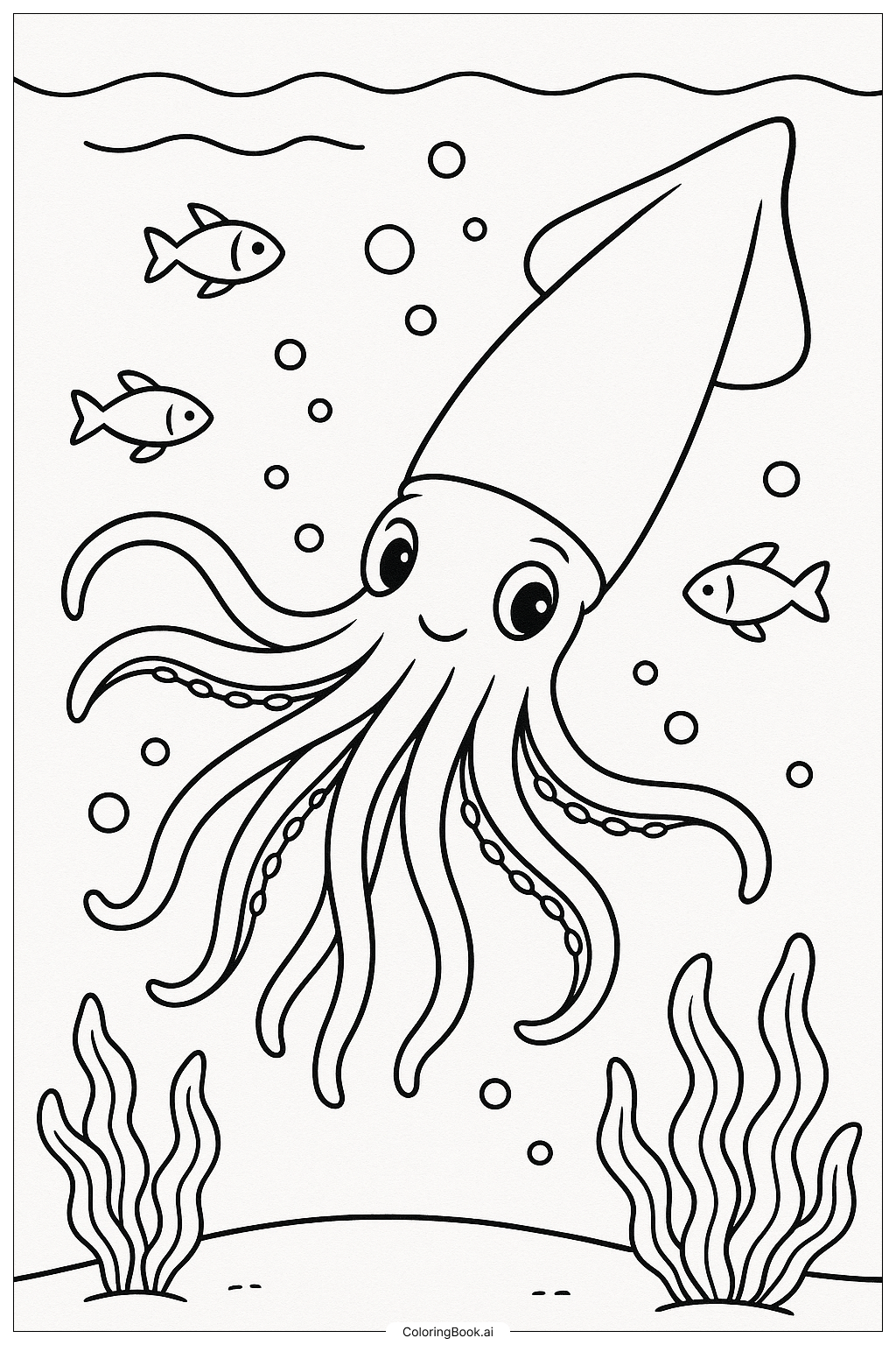  深海中的巨型乌贼填色页 