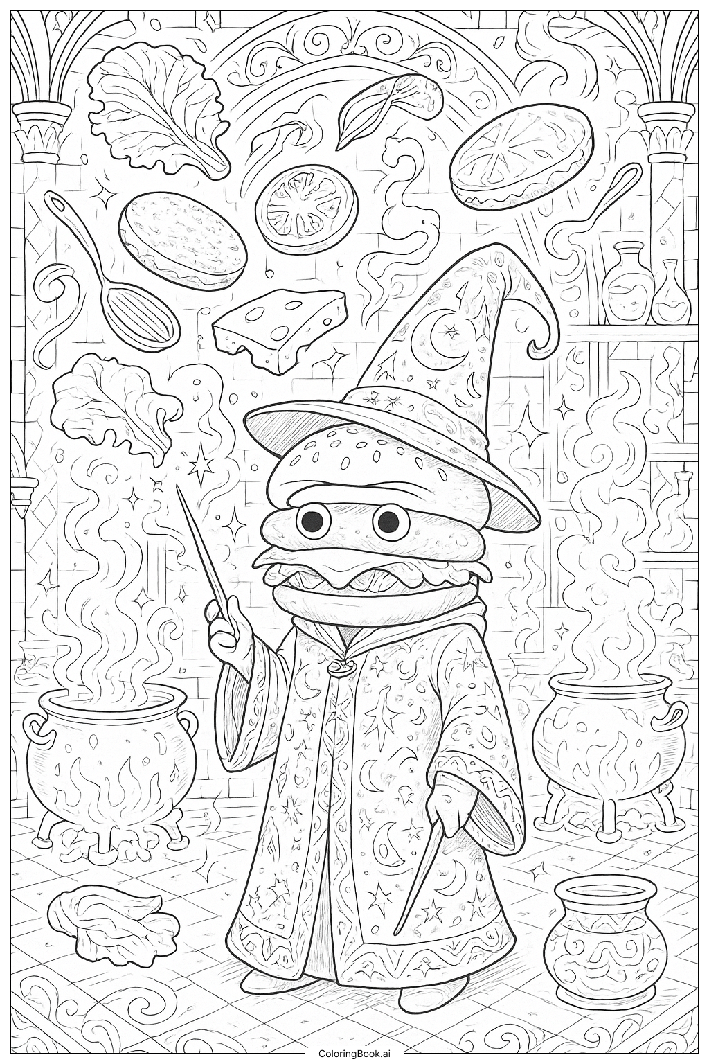  Page de coloriage Un magicien hamburger dans une cuisine magique 
