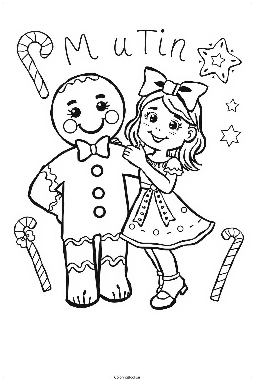  Dancing Gingerbread Man and Girl Coloring Page 