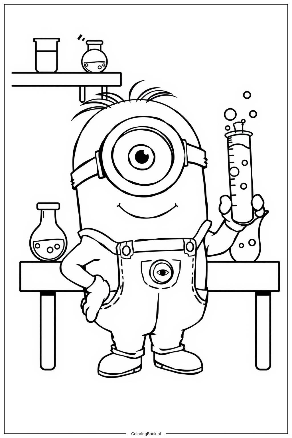  Página para colorear de minion trabajando en un laboratorio con tubos de ensayo 