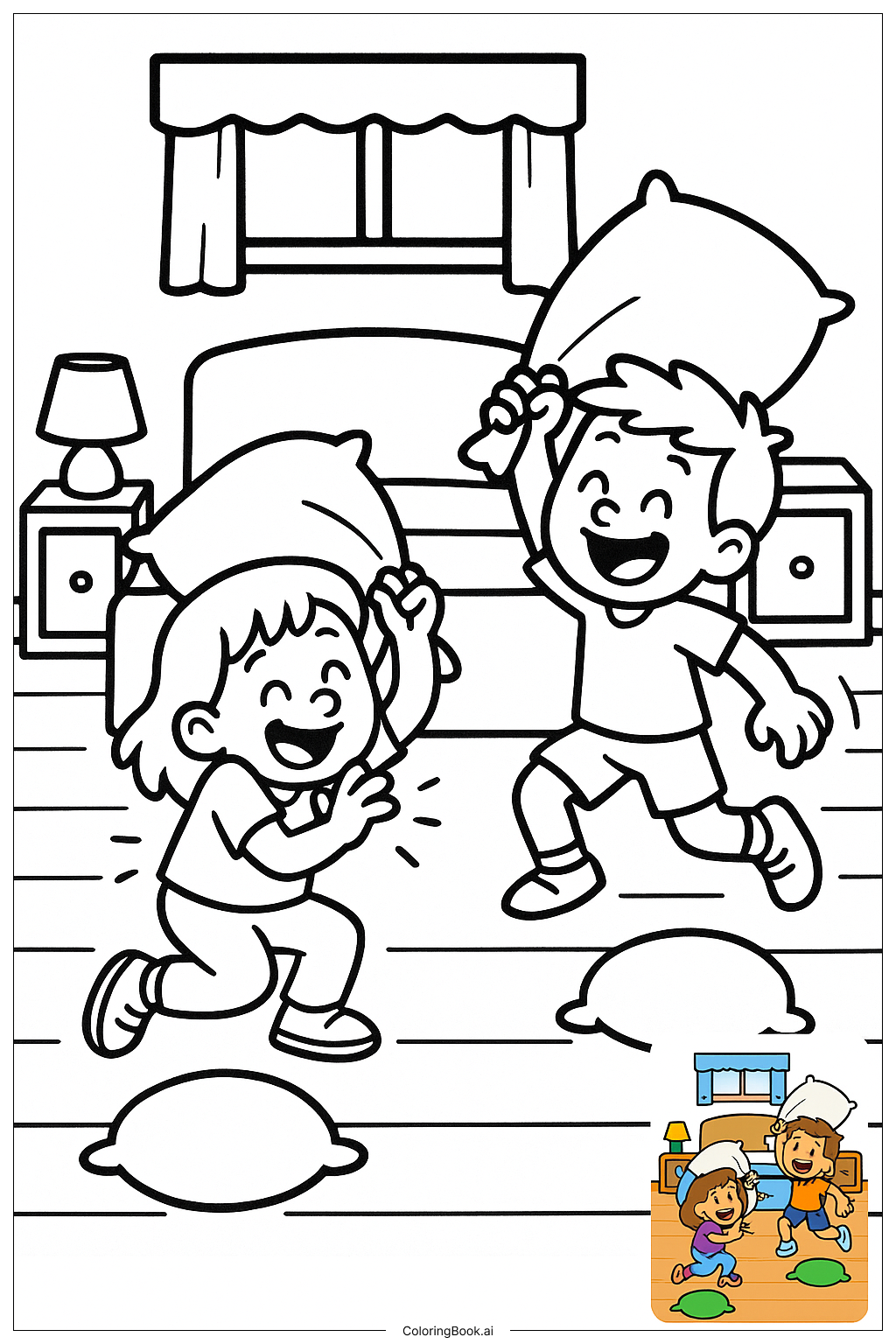  Friends Having A Pillow Fight In Bedroom著色頁 