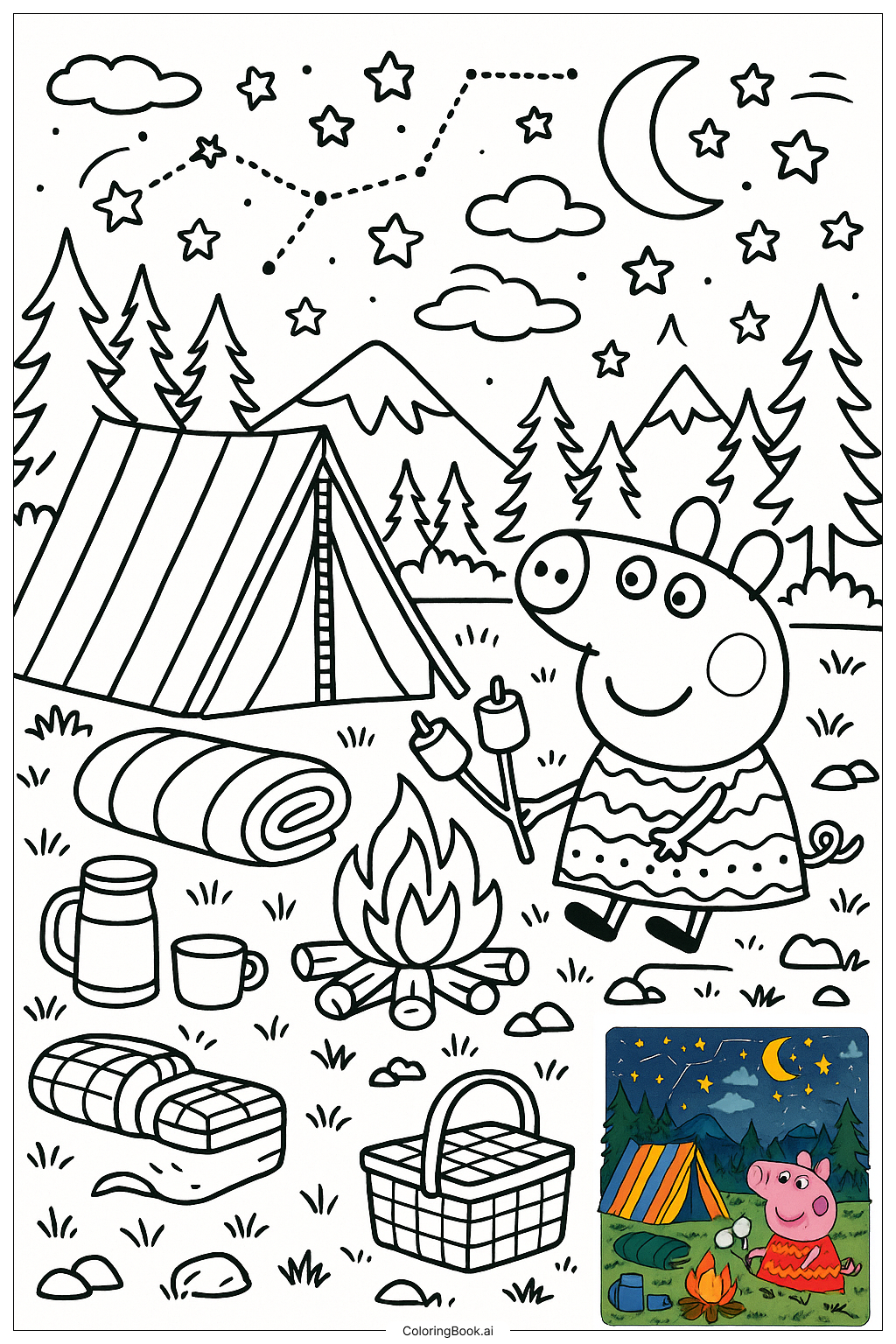  Peppa Pig Camping Under Starsの塗り絵ページ 