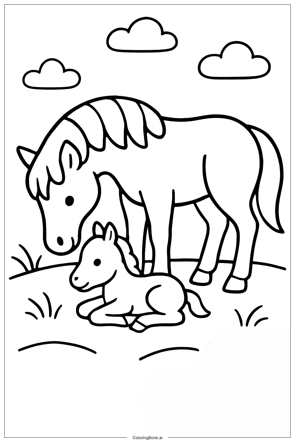  馬と新生仔馬の見守りの塗り絵ページ 