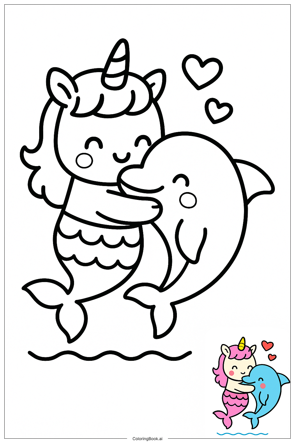  Cute Unicorn Mermaid Hugging A Dolphin填色页 