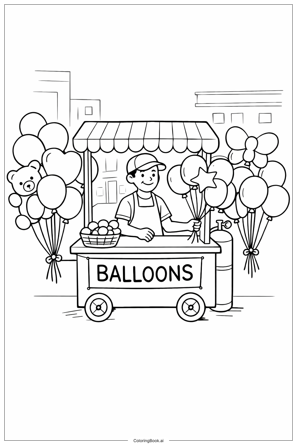  Página para colorir de Banca de Balões de Fevereiro na Rua 