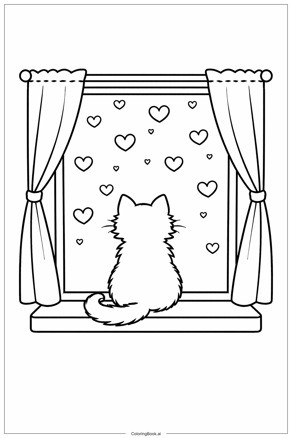 Gato de fevereiro na janela com coração