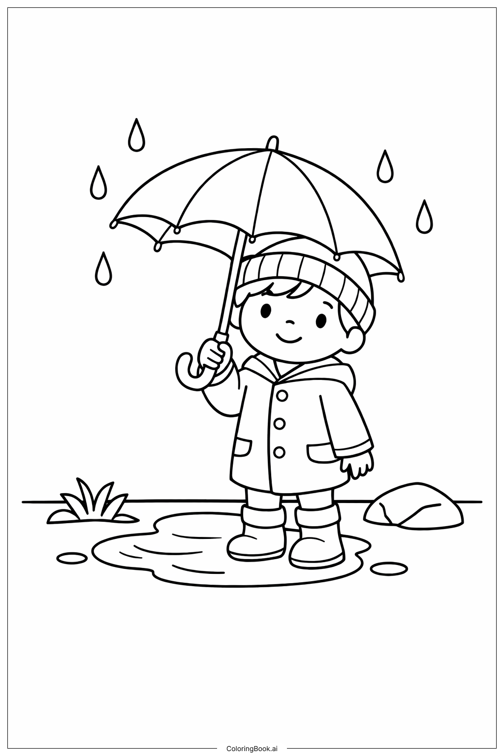  Page de coloriage Enfant de février avec parapluie 