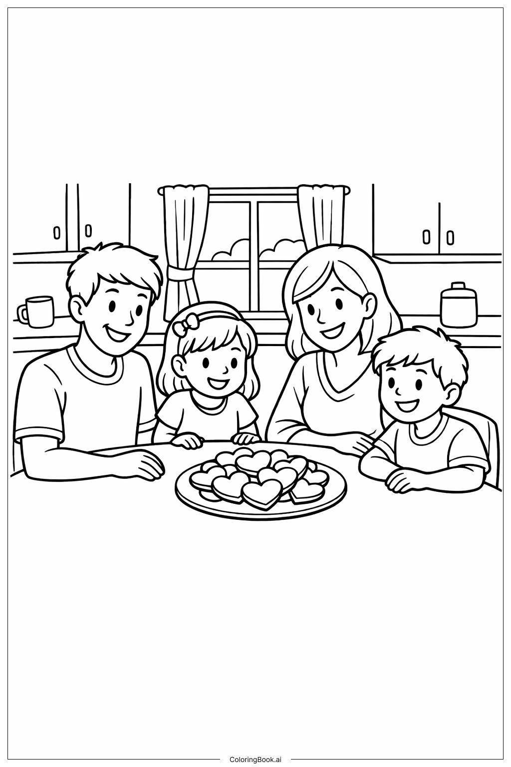  Page de coloriage Famille de février préparant des biscuits 