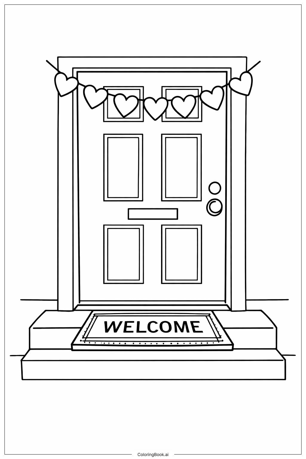  Página para colorir de Guirlanda de Corações de Fevereiro Sobre a Porta 
