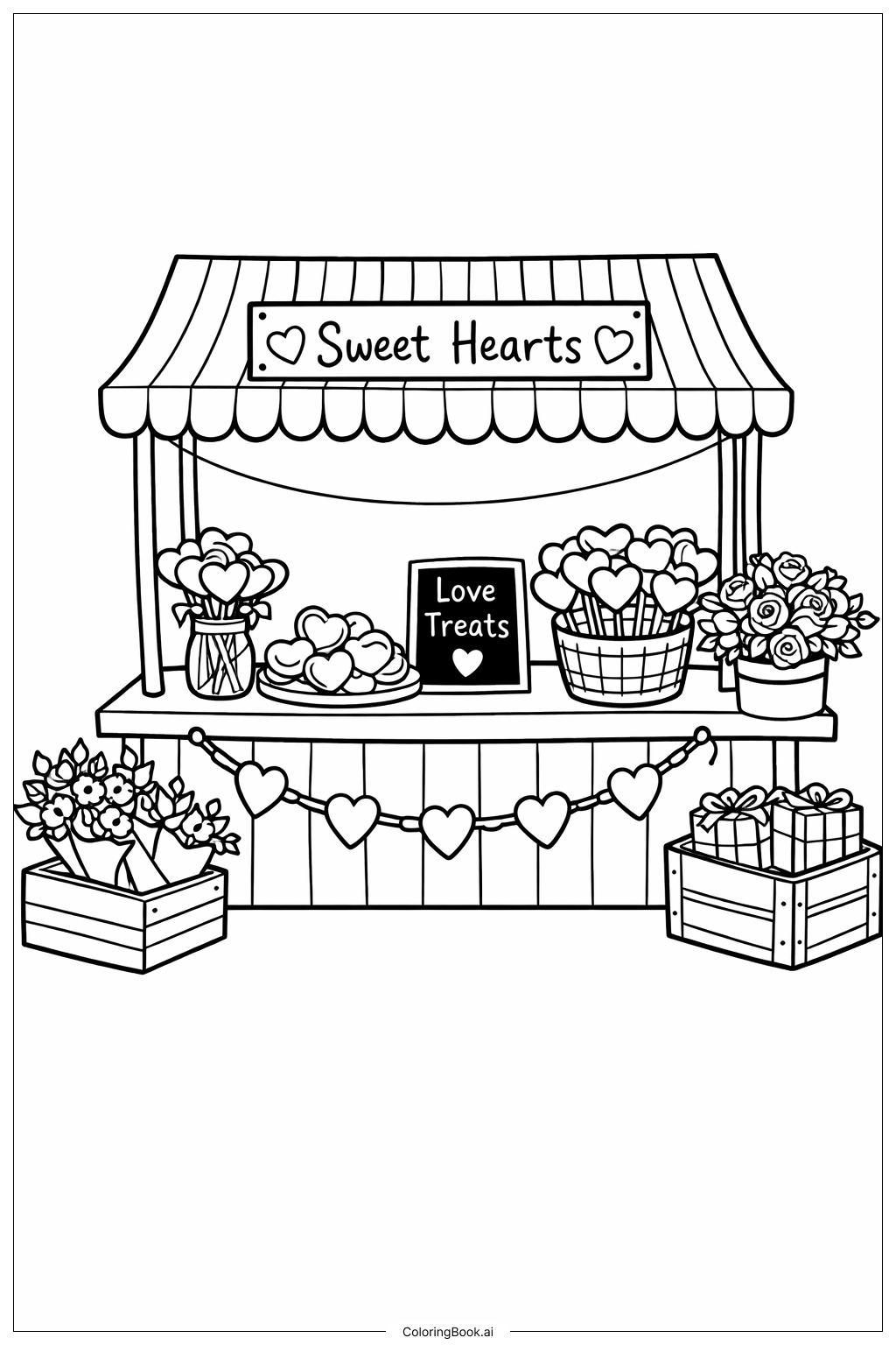  Página para colorir de Pequena Barraca de Mercado de Fevereiro 