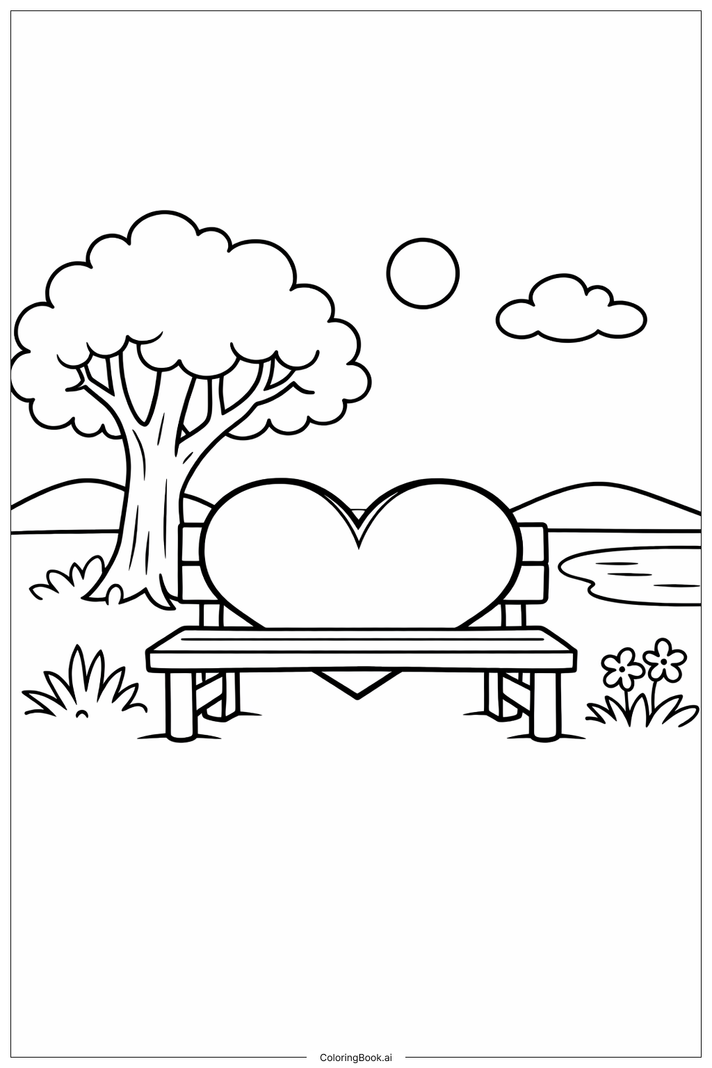  Page de coloriage Parc de février avec banc en forme de cœur 
