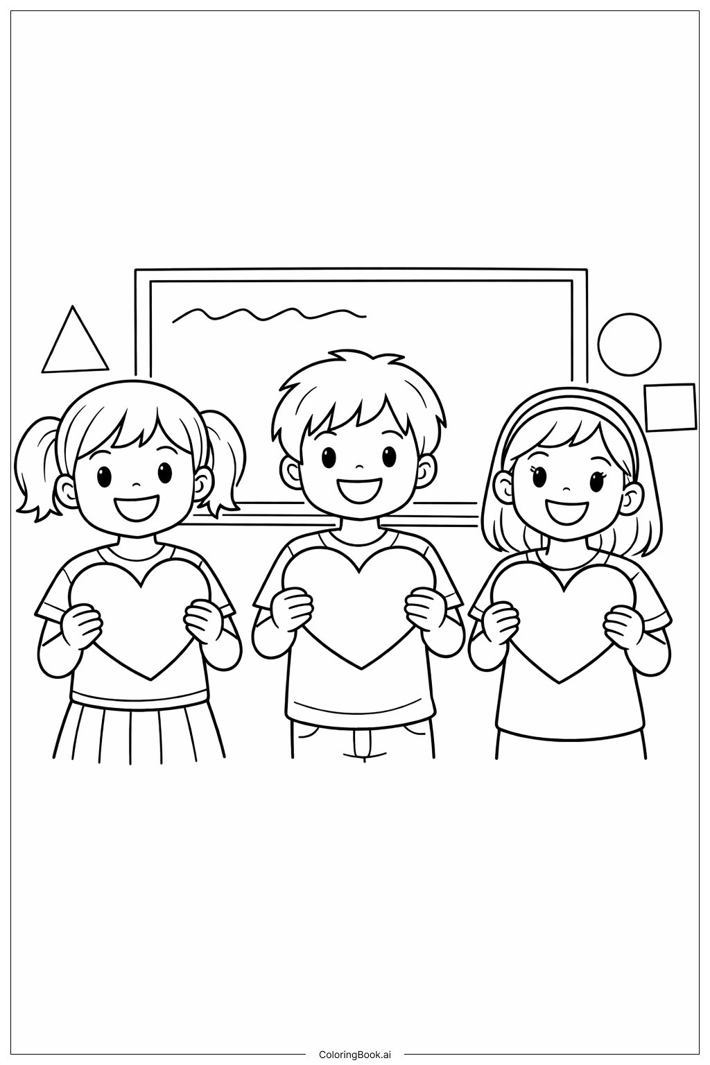  Page de coloriage Enfants d'école de février avec des cœurs 