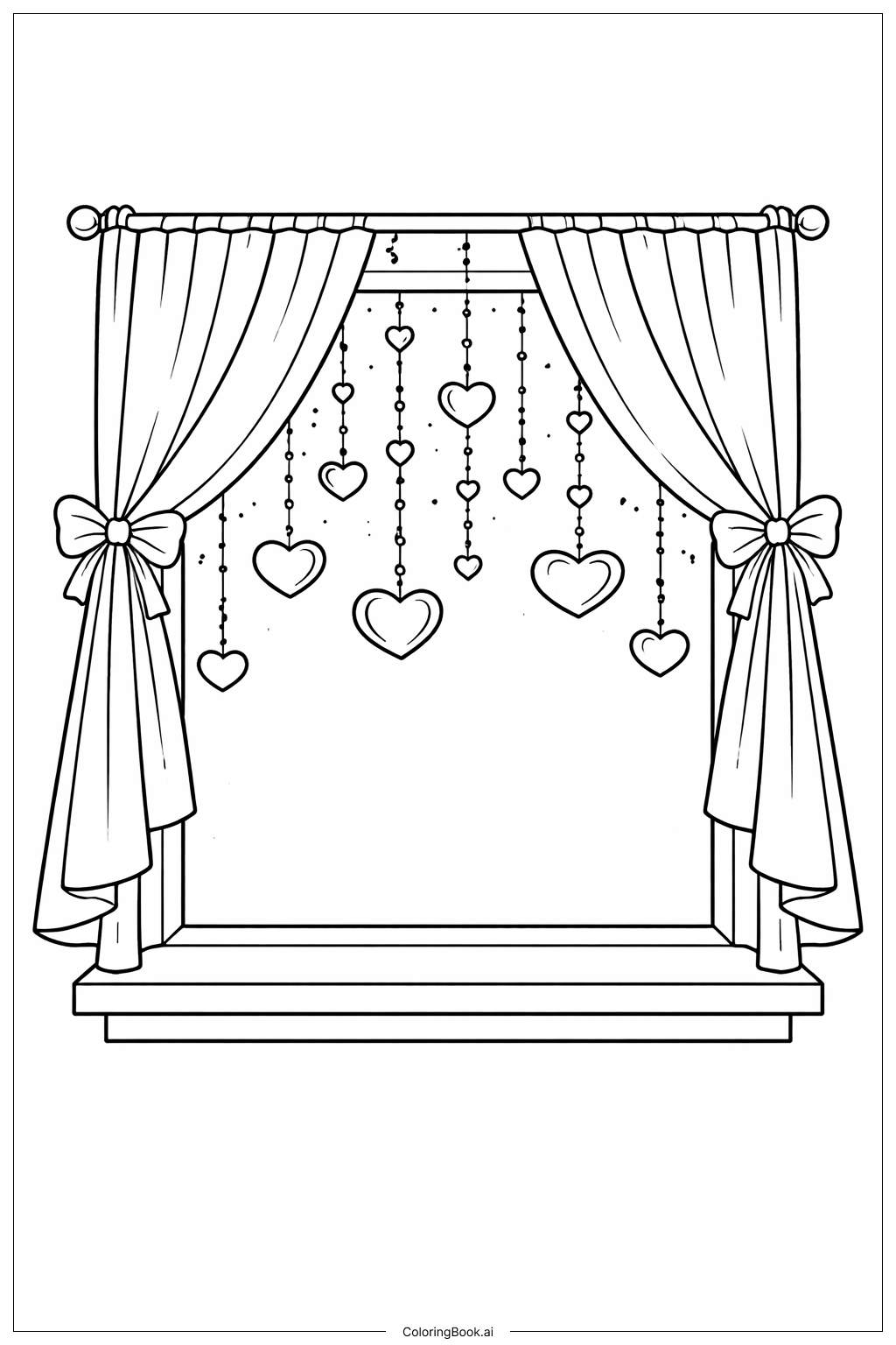  Página para colorir de Janela de Fevereiro com Decorações de Coração 