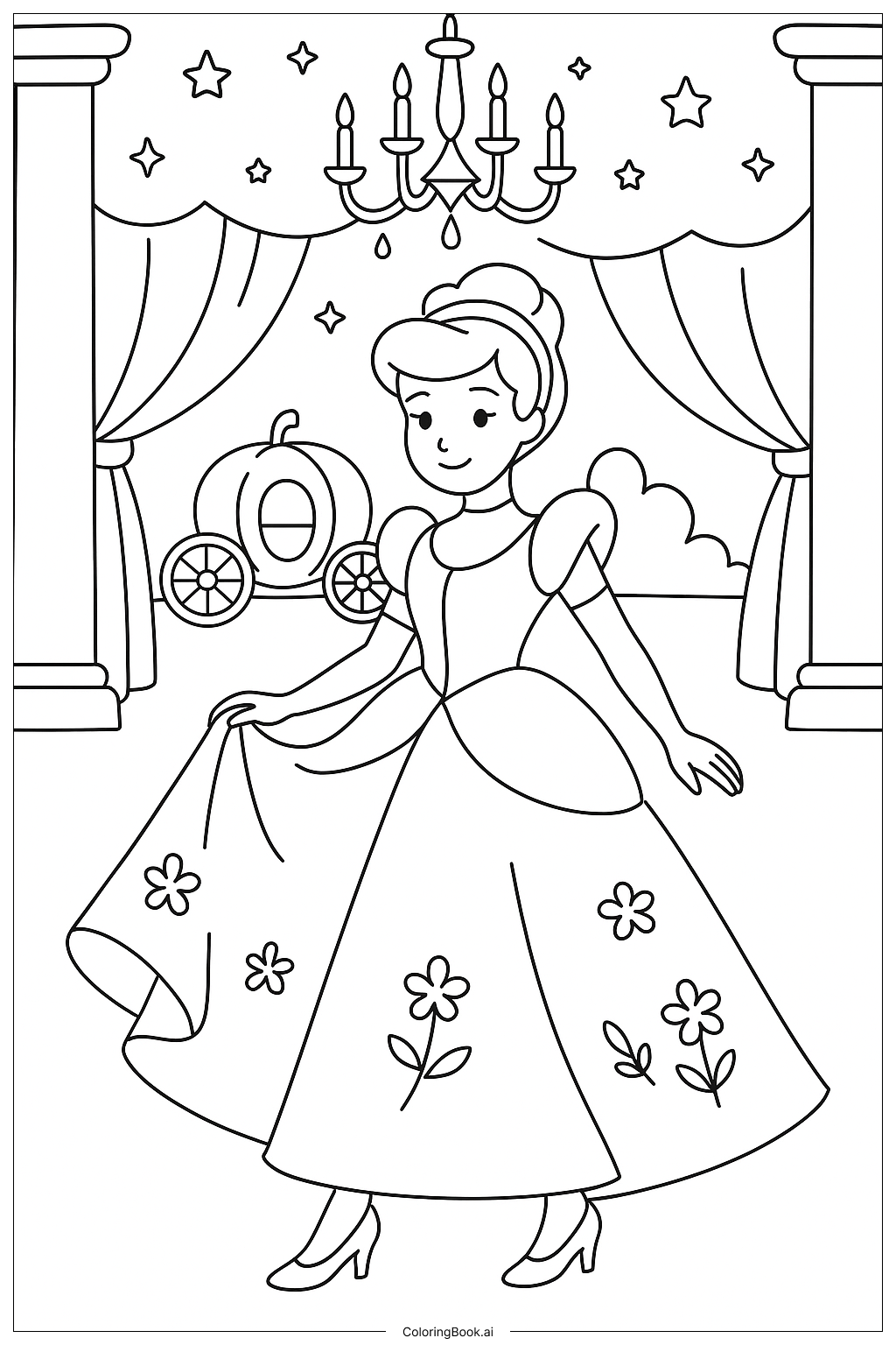  Página para colorear de Cenicienta en el Salón Real 