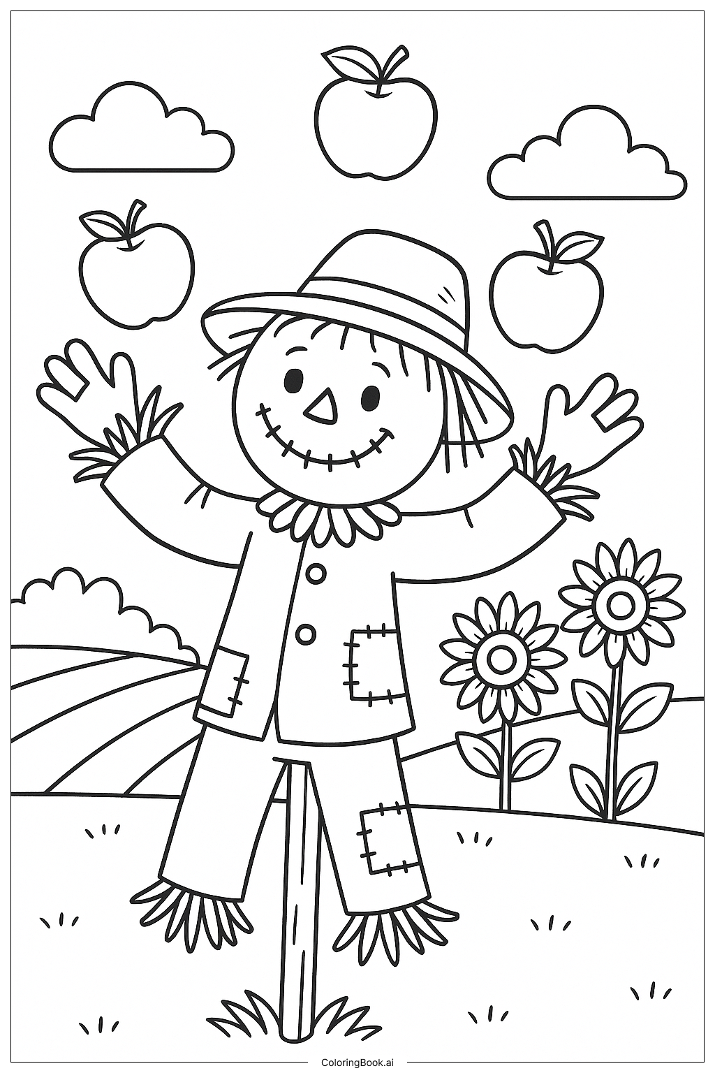 Funny Scarecrow Juggling Apples Coloring Page
