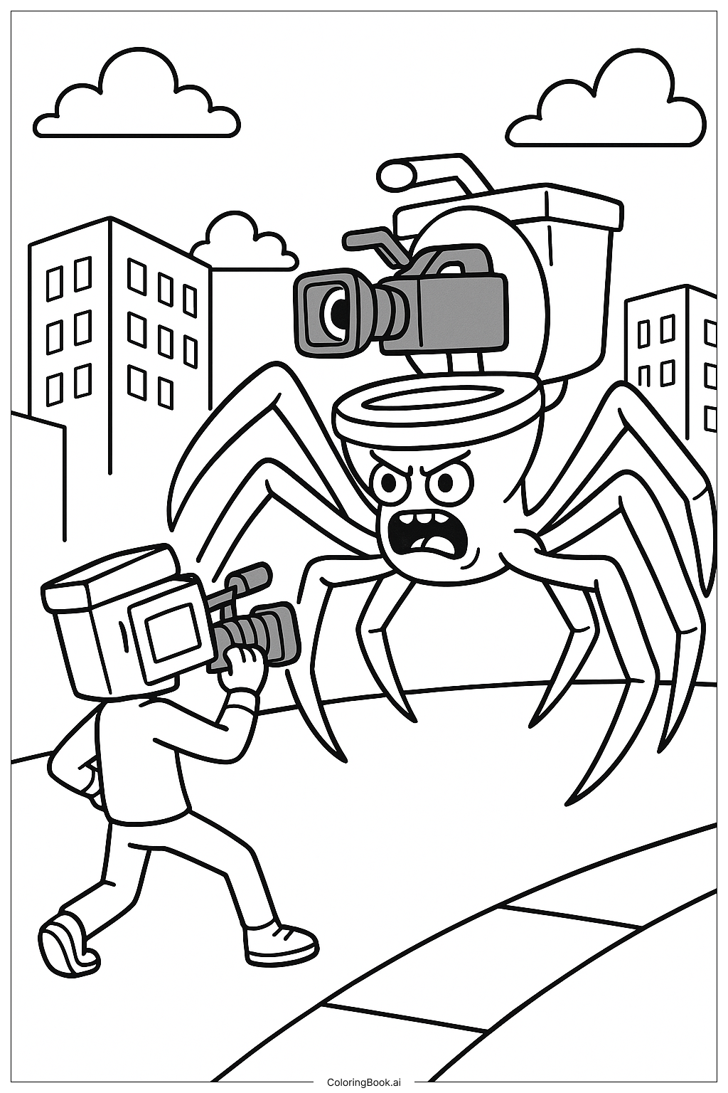 Page de coloriage Caméraman Courageux Combat Un Araignée Skibidi Toilette 